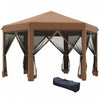 Outsunny 13' X 11' Heavy Duty Pop Up Canopy Avec Forme Hexagonale, Filet Lateral A 6 Mailles, Hauteur Reglable A 3 Niveaux Et Armature En Acier Solide, Marron Fonce