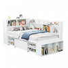 Banquette-lit multifonction Ethan avec rangement integre, tiroirs et bibliotheque, taille simple, blanc