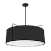 Luminaire suspendu Trapezoid de Dainolite avec abat-jour cylindrique noir qui diffuse la lumière, tissu blanc et 4 ampoules