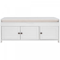 Banc De Rangement Olivia En Pin Avec Meuble A Chaussures 3 Portes Et Compartiment Cache, Blanc