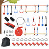 Outsunny Ensemble Ninja Slackline, 30 Pieces, Corde de 10m avec Obstacles, Structure d'Escalade Exterieure, Equipement d'Entrainement pour Enfants de 3 a 6 Ans, Anneaux de Gymnastique, Cordes