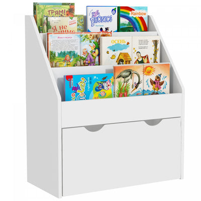 Qaba Kids Bookshelf, Bookcase Toy Storage Organizer With 3 Tier Display Shelves, Drawer, For Nursery, Bedroom, Living Room, Classroom, White
