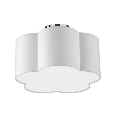 Dainolite Phlox 3 Light Flush Mount Small Polished Chrome White Shade Lamp|Petit plafonnier affleuré Phlox de Dainolite avec abat-jour blanc, fini chromé poli et 3 ampoules