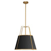 Luminaire suspendu Trapezoid de Dainolite avec abat-jour doré et noir qui diffuse la lumière, tissu blanc et 1 ampoule
