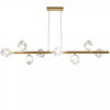 Luminaire suspendu horizontal Pearlene de Dainolite en verre transparent, avec fini laiton vieilli et 8 ampoules