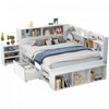 Banquette-lit multifonction Ethan avec rangement integre, tiroirs et bibliotheque, taille full, blanc