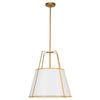 Luminaire suspendu Trapezoid de Dainolite avec abat-jour doré et blanc qui diffuse la lumière, tissu blanc et 1 ampoule
