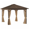 Outsunny 10' X 12' Tonnelle Exterieur A Toit Rigide Gazebo De Terrasse En Toit En Metal Avec Cadre En Aluminium, Filets En Maille, Rideaux, Et Espace Interieur Spacieux, Marron