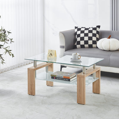 Lucius Modern Geometric Design Tempered Glass Coffee Tablewith Metal Frame and Clear Glass,Natural | Table basse moderne Lucius au design geometrique en verre trempe avec cadre en metal et verre transparent, naturel