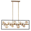 Luminaire suspendu horizontal Glasgow de Dainolite en verre champagne, avec cadre carré, fini noir mat et bronze rétro, et 13 ampoules