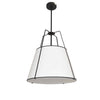 Luminaire suspendu Trapezoid de Dainolite avec abat-jour noir et blanc qui diffuse la lumière, tissu blanc et 1 ampoule