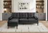 Sofa Chaise Longue Rembourre, 85\"L, Aspect Cuir Noir, Pieds En Bois Massif De Noyer