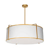 Luminaire suspendu Trapezoid de Dainolite avec abat-jour cylindrique doré et blanc qui diffuse la lumière, tissu blanc, fini doré et 4 ampoules
