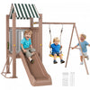 Qaba Ensemble de balancoires pour enfants 3 en 1 avec toboggan, ensemble de balancoires avec fort couvert, piquets de sol, ensemble de jeu pour enfants de 3 a 8 ans, marron
