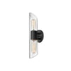 Petite lumière de coiffeuse Samantha de Dainolite en verre cannelé transparent, avec fini noir mat et 2 ampoules