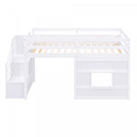 Martin – Lit Mezzanine Simple En Bois Massif Avec Escaliers De Rangement, Fenetre Ludique Et Eclairage Del – Blanc