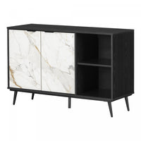 Mezzy Buffet 2 Portes Avec Rangement Ouvert - Chene Noir Et Faux Marbre Blanc