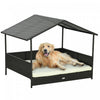 Pawhut Niche D'exterieur En Rotin Pour Chien Avec Auvent D'ombrage, Lit Sureleve En Osier Avec Coussin Doux Et Housse Lavable, Pour Chiens De Taille Moyenne Et Grande, Interieur Et Exterieur, Blanc