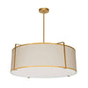 Luminaire suspendu Trapezoid de Dainolite avec abat-jour cylindrique doré et crème qui diffuse la lumière, tissu blanc et 4 ampoules