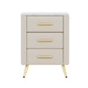 Table de chevet Dylan en bois rembourre avec 3 tiroirs et pieds en metal, beige