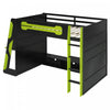 Olivia Lit mezzanine en bois avec bureau et etageres de rangement multiples, Lumiere RGB, Vert