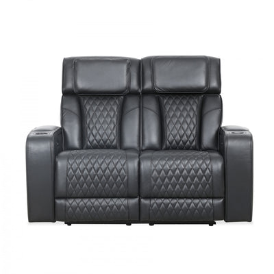 Kingsley 58 in. Leather Match Power Reclining Loveseat with Armrest Storage and USB - Black | Causeuse inclinable electrique Kingsley de 58 po en cuir assorti avec rangement dans les accoudoirs et USB - Noir