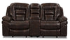 Causeuse coulissante inclinable Leo de 78 po en tissu d’apparence cuir avec console de rangement - brun noyer
