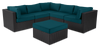 Ensemble Barbados 6 pièces pour la terrasse à l’extérieur avec 3 fauteuils en coin, 2 fauteuils sans accoudoirs et pouf - osier en résine tressé à la main, résistant aux rayons UV et aux intempéries - noir et bleu
