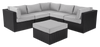 Ensemble Barbados 6 pièces pour la terrasse à l’extérieur avec 3 fauteuils en coin, 2 fauteuils sans accoudoirs et pouf - osier en résine tressé à la main, résistant aux rayons UV et aux intempéries - noir et gris