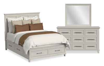 Celine 5pc Bedroom Set with Storage Bed, Dresser & Mirror, Ivory - Queen Size | Ensemble de chambre à coucher Celine 5 pièces avec lit de rangement, commode et miroir, ivoire - format grand lit