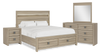 Ensemble de chambre à coucher Rocco 6 pièces avec lit de rangement à DEL, commode, miroir et table de nuit, brun clair - format très grand lit