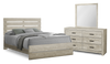 Ensemble de chambre à coucher Soren 5 pièces avec lit à panneaux à lattes, commode et miroir, chêne blanchi - format grand lit