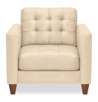 Theo 37" Top-Grain Genuine Leather Chair with Removable Back Cushion and Wood Feet – Stone | Fauteuil Theo de 37 po en cuir véritable de qualité supérieure avec coussin de dossier amovible et pattes en bois - pierre