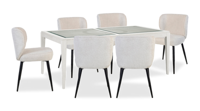 Vida 7pc Dining Set with Table & 6 Sara Chairs, Carved Wood & Glass Inserts, 78”W | Ensemble de salle à manger Vida 5 pièces avec table de 78 po (L), 4 chaises Sara, bois sculpté et incrustations en verre