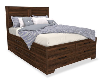 Yorkdale 12-Drawer Platform Bed with Headboard & Storage Frame, Made in Canada, Walnut Brown - Queen Size | Lit plateforme Yorkdale fabriqué au Canada avec tête de lit et cadre de rangement à 12 tiroirs, brun noyer - format grand lit