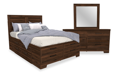 Yorkdale 5pc Bedroom Set with 12-Drawer Storage Bed, Dresser & Mirror, Walnut Brown - Queen Size | Ensemble de chambre à coucher Yorkdale 5 pièces avec lit de rangement à 12 tiroirs, commode et miroir, brun noyer - format grand lit