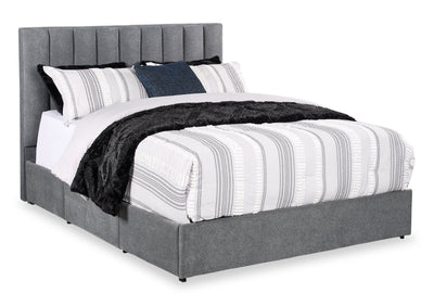 Amos Upholstered Storage Bed in Charcoal Fabric with Channelled Headboard & 3 Built-in Drawers - Queen Size | Lit de rangement Amos rembourré en tissu anthracite avec tête de lit à canaux et 3 tiroirs intégrés - format grand lit