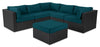 Ensemble Barbados 6 pièces pour la terrasse à l’extérieur avec 3 fauteuils en coin, 2 fauteuils sans accoudoirs et pouf - osier en résine tressé à la main, résistant aux rayons UV et aux intempéries - noir et bleu