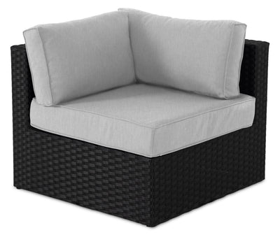Barbados Corner Outdoor Patio Chair - Hand-Woven Resin Wicker, UV & Weather Resistant - Black/Grey | Fauteuil en coin Barbados pour la terrasse à l’extérieur - osier en résine tressé à la main, résistant aux rayons UV et aux intempéries - noir et gris