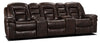 Sofa sectionnel inclinable Leo 5 pièces de style cinéma maison en tissu d’apparence cuir avec consoles de rangement et porte-gobelets - brun noyer