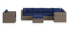Ensemble Naples 7 pièces pour la terrasse à l’extérieur avec 3 fauteuils en coin, 2 fauteuils sans accoudoirs, fauteuil pour la terrasse et pouf - osier en résine tressé à la main, résistant aux rayons UV et aux intempéries - naturel et bleu