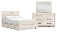 Ensemble de chambre à coucher Derekson 5 pièces blanc rustique avec lit de rangement latéral, commode et miroir - format lit double
