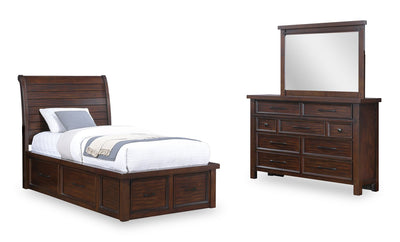 Sonoma 5pc Bedroom Set with Storage Bed, Dresser & Mirror, Mango Brown - Twin Size | Ensemble de chambre à coucher Sonoma 5 pièces avec lit de rangement, commode et miroir, brun manguier - format lit simple