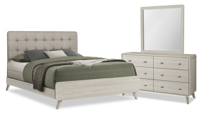 Cami 5pc Bedroom Set with Bed, Dresser & Mirror, Mid-Century Modern, Grey Oak - Queen Size | Ensemble de chambre à coucher de style moderne du milieu du 20e siècle Cami 5 pièces en chêne gris avec lit, commode et miroir - format grand lit