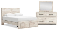 Ensemble de chambre à coucher Derekson 5 pièces blanc rustique avec lit de rangement, commode et miroir - format grand lit