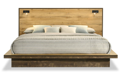 Silas 6pc Bedroom Set with Platform Bed, Dresser, Mirror & Nightstand, LED, Rustic Brown - King Size|Ensemble de chambre à coucher Silas 6 pièces brun rustique avec lit plateforme, commode, miroir, table de nuit et éclairage à DEL - format très grand lit