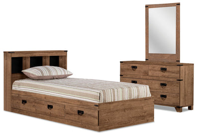 Driftwood Mates Bed 5pc Set with Storage Headboard, Dresser & Mirror, Brown - Full Size | Ensemble lit matelot Driftwood 5 pièces avec tête de lit de rangement, commode et miroir, brun - format lit double