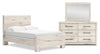 Ensemble de chambre à coucher Derekson 5 pièces blanc rustique avec lit à panneaux, commode et miroir - format lit double