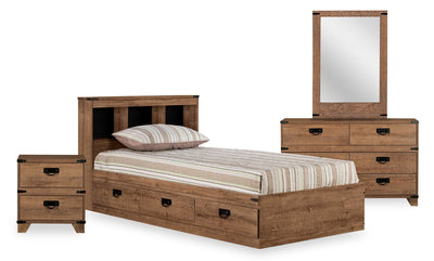 Driftwood Mates Bed 6pc Set with Storage Headboard, Dresser, Mirror & Nightstand, Brown - Twin Size | Ensemble lit matelot Driftwood 6 pièces avec tête de lit de rangement, commode, miroir et table de nui, brun - format lit simple
