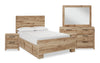 Ensemble de chambre à coucher Derekson 6 pièces naturel avec lit de rangement latéral, commode, miroir et table de nuit - format très grand lit